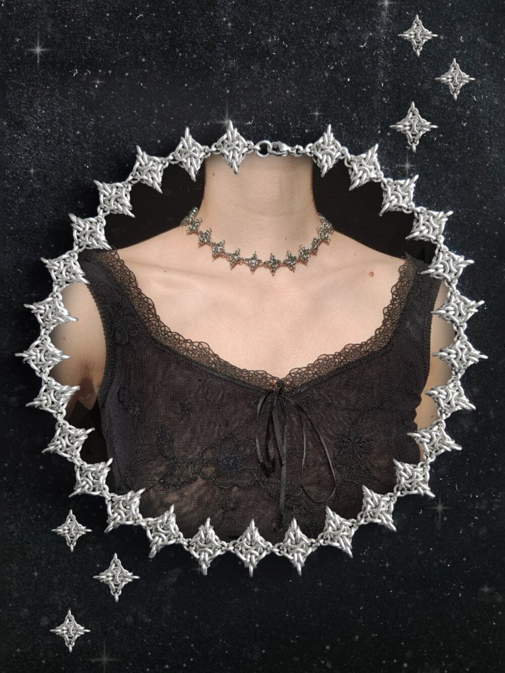 Gothic silver spikes choker necklace with a small silver chain - Picture 9 of 10